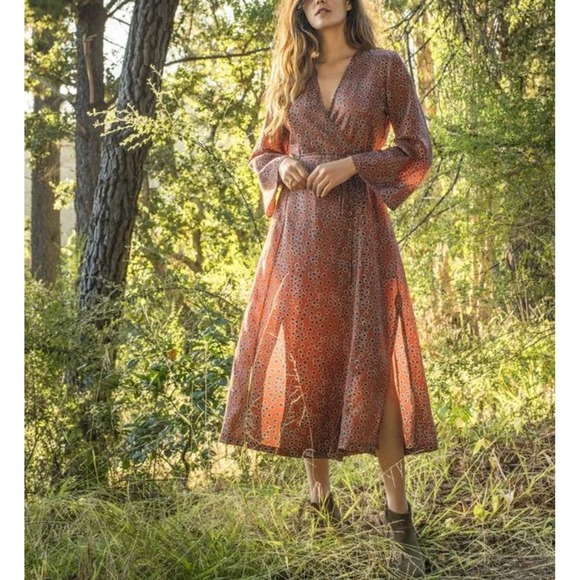 Outerknown Dresses & Skirts - Outerknown Rhiannon Brown Floral Midi Wrap Dress Sz. XS Silk Hemp Relaxed Fit